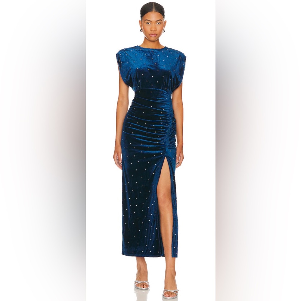 Line and Dot Juniper Dress XS blue velvet high slit rhinestones vintage style